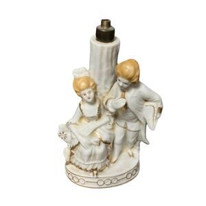 Boudoir Lamp Base Victorian Colonial Couple Porcelain Painted White Gold 7.5”